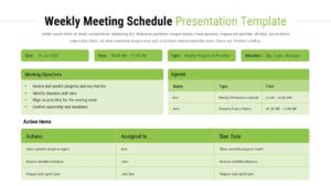Weekly meeting schedule slide with agenda table, objectives list, meeting details, and action items in green layout.