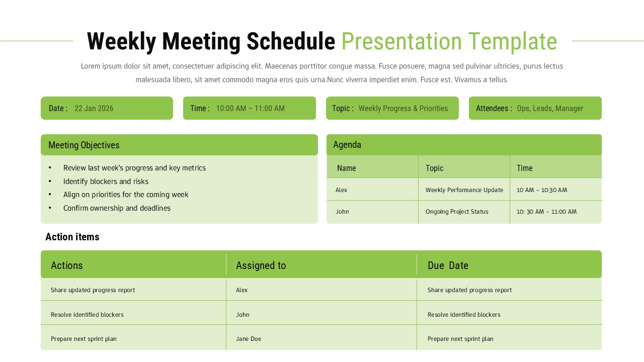 Weekly meeting schedule slide with agenda table, objectives list, meeting details, and action items in green layout.