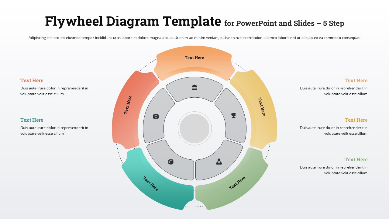 Five step circular flywheel diagram slide with color-coded segments and central icon hub layout.