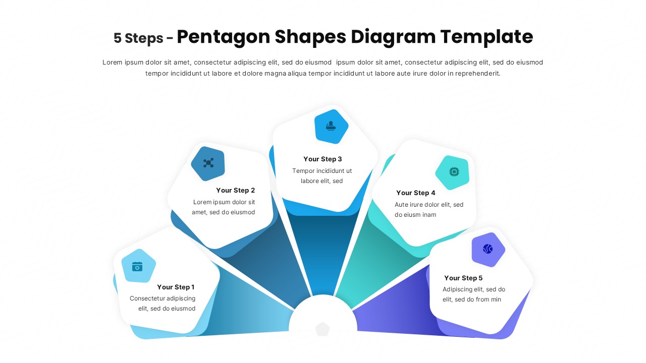 Five-step pentagon process diagram slide with radial layout, central hub, icons, and gradient colored shapes.