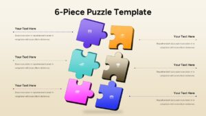 Six-piece puzzle diagram slide with colorful interlocking blocks and side text callouts for explaining connected concepts.
