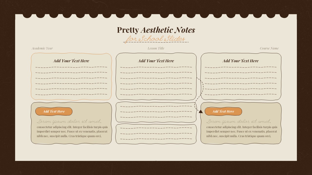 Vintage aesthetic school notes slide with lined paper cards, wavy borders, and brown background layout.