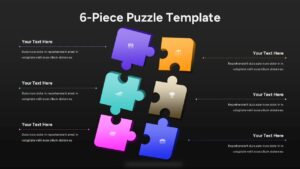 Black Six-piece puzzle diagram slide with colorful interlocking blocks and side text callouts for explaining connected concepts.