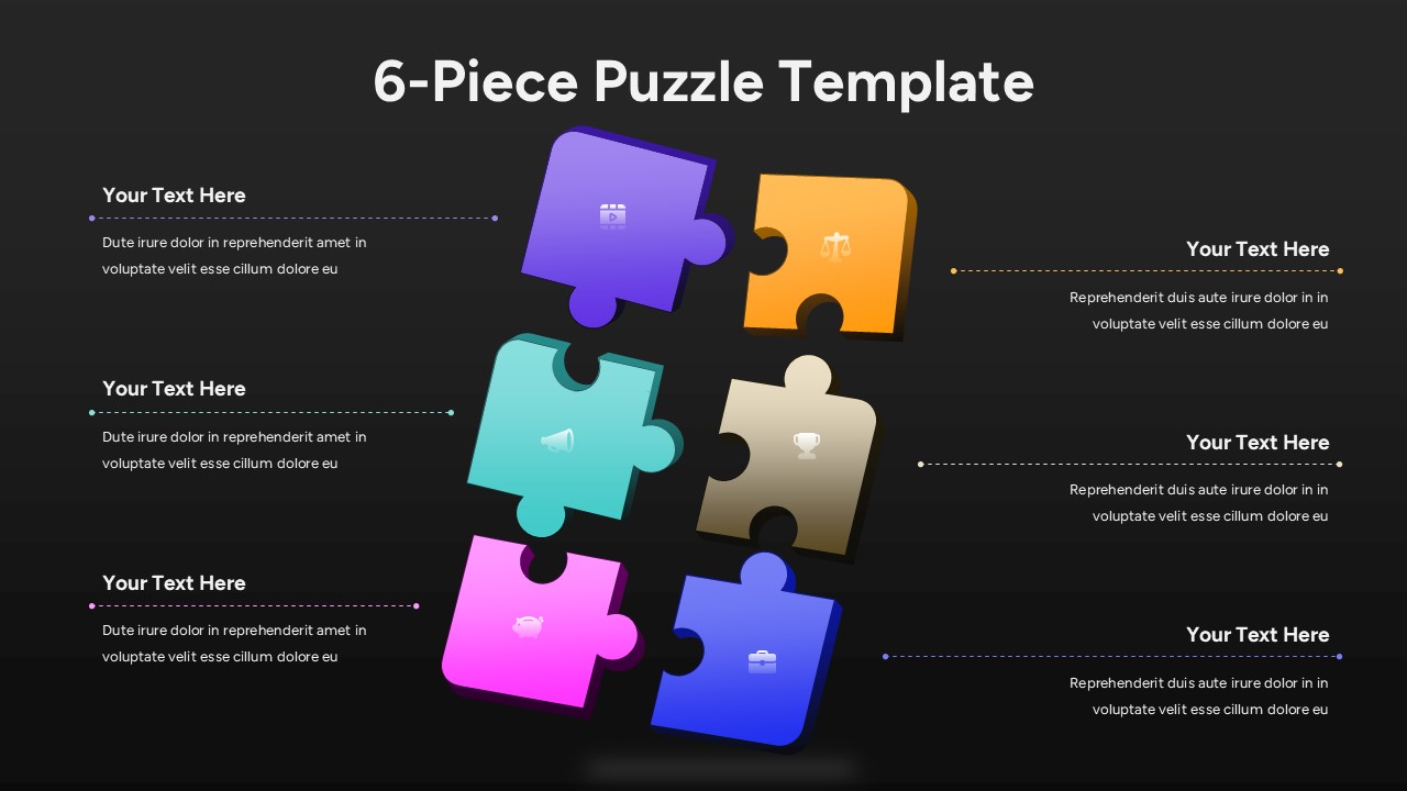 Black Six-piece puzzle diagram slide with colorful interlocking blocks and side text callouts for explaining connected concepts.