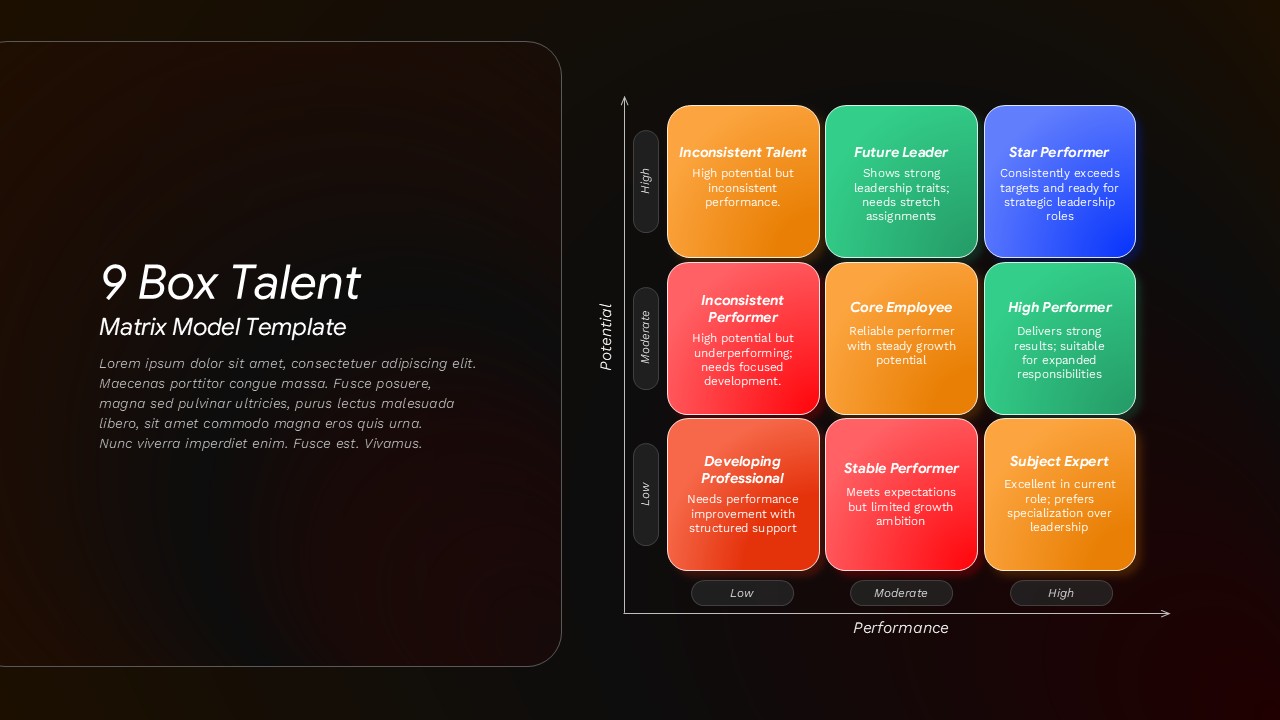 Black 9 box talent matrix slide with color-coded 3x3 grid showing performance and potential axes and nine labeled categories.