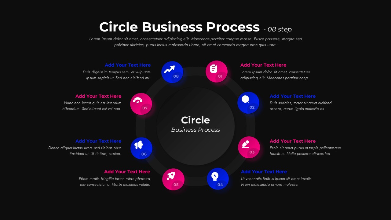 Black Eight-step circle business process slide with central hub and numbered circular icons arranged around a clean, modern layout.