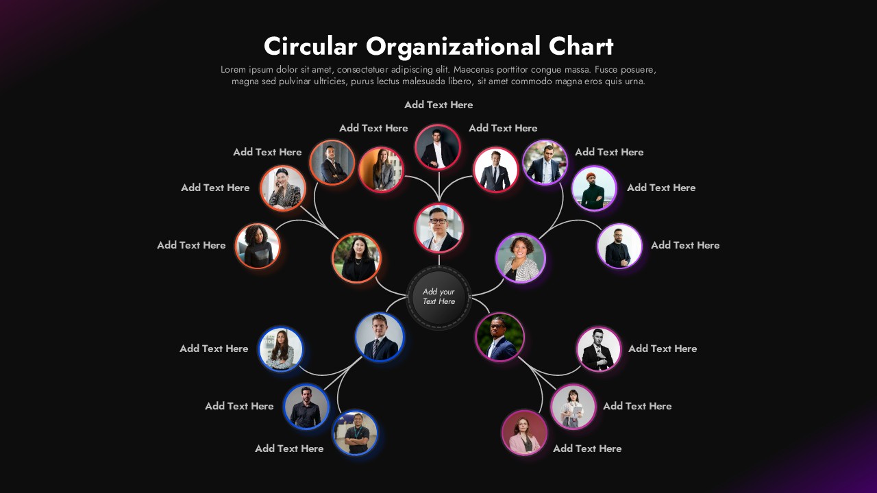 Black bg Circular organizational chart slide with central hub and multiple profile nodes connected in a radial hierarchy layout.