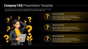 Black bg Company FAQ slide with 3D businesswoman illustration and three question text panels in a clean two-column layout.