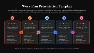Black Five step work plan slide with vertical color-coded cards, icons, arrows, and bullet lists arranged in a horizontal timeline layout.