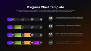 Horizontal four-step gradient progress chart slide with numbered circles and right-side text blocks.