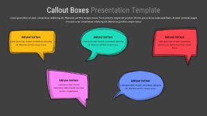 Black Slide with five colorful hand drawn speech bubble callout boxes arranged in two rows with editable text areas.