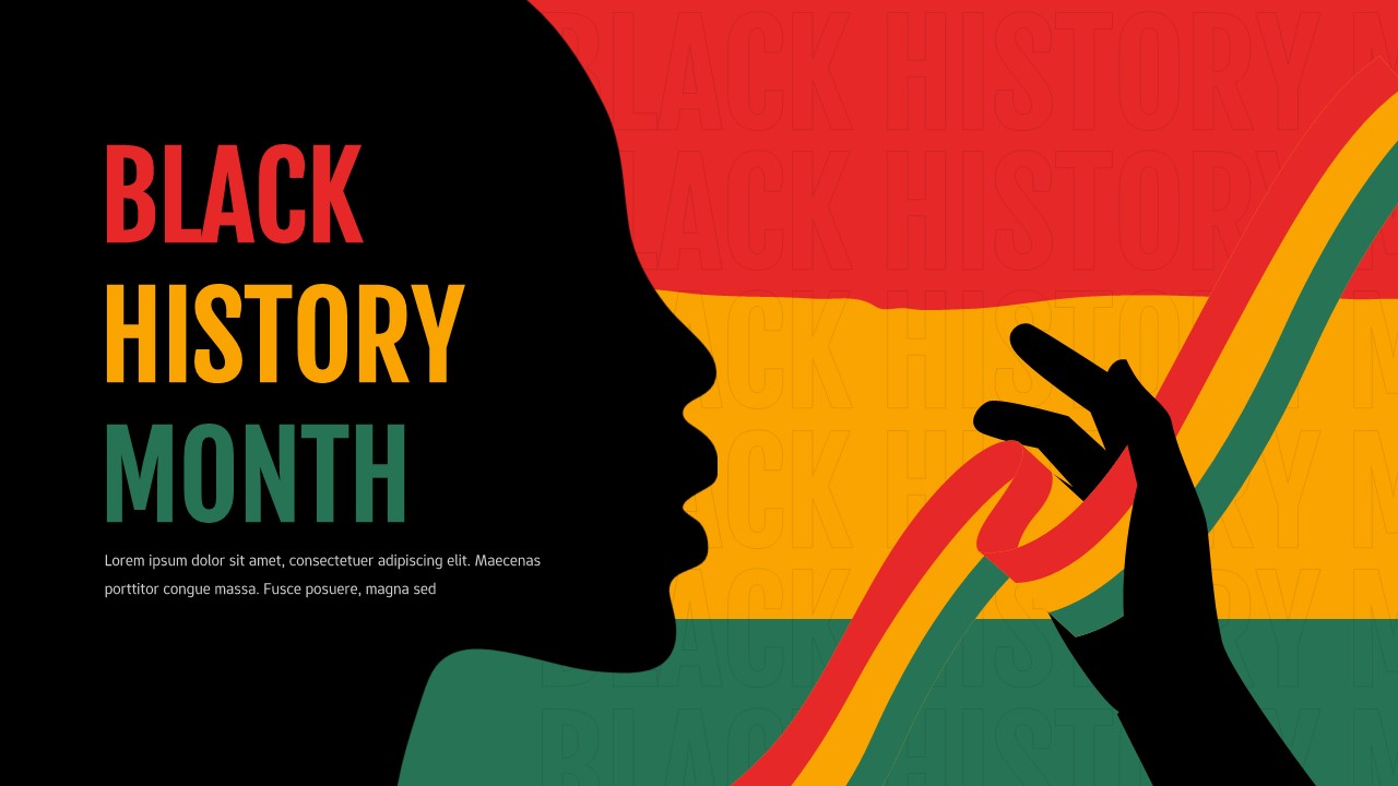 Black History Month presentation slide with silhouette profile and red, yellow, green wave design on dark background.