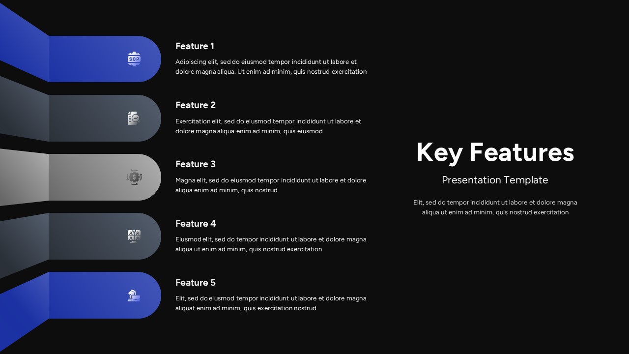 black Key features slide with five horizontal rounded blocks, icons, and text aligned vertically on a clean white layout.