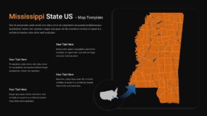 Black bg Orange Mississippi state map with county divisions, rivers, text sections, and US locator inset on a clean slide layout.