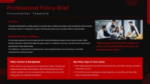 Black Professional policy brief slide with overview, policy gaps, context sections and red accent layout.