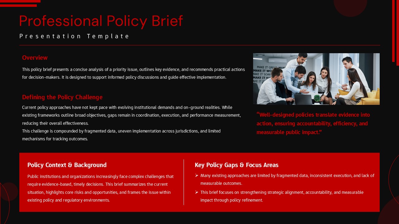 Black Professional policy brief slide with overview, policy gaps, context sections and red accent layout.