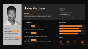 Black Professional resume slide with dark left sidebar, profile photo, skill bars, and structured job experience sections.