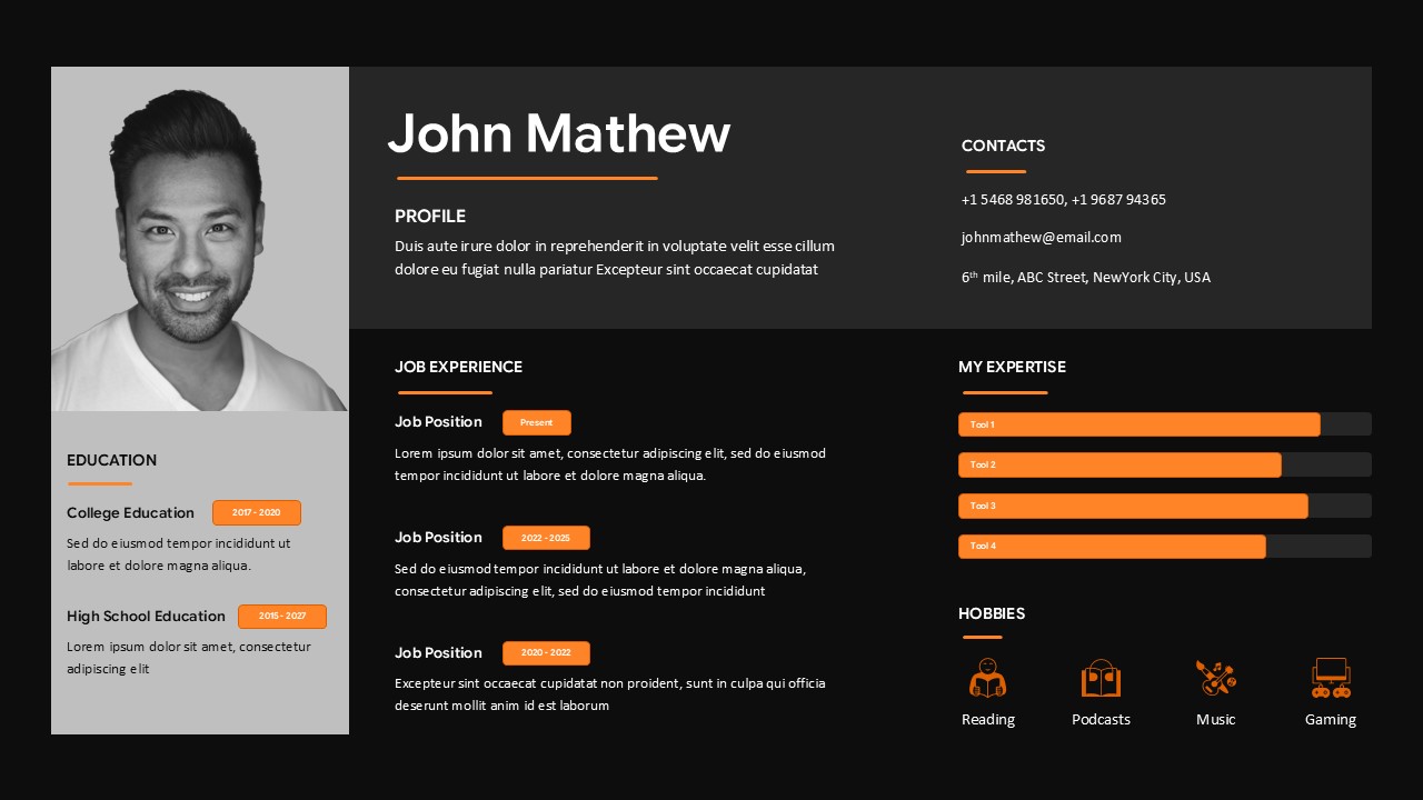 Black Professional resume slide with dark left sidebar, profile photo, skill bars, and structured job experience sections.