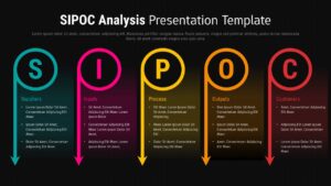 Black SIPOC analysis slide with five vertical color-coded arrow columns labeled Suppliers, Inputs, Process, Outputs, and Customers.