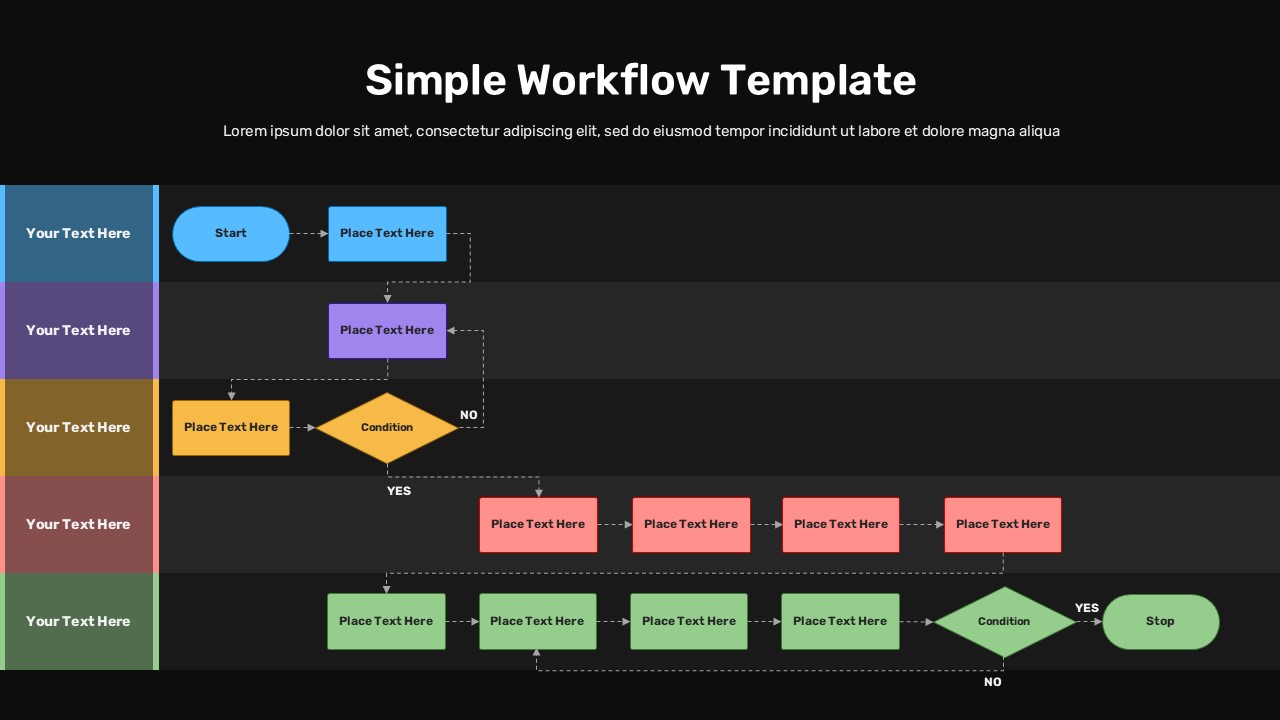 Black Horizontal workflow flowchart slide with start and stop shapes, process boxes, and decision diamonds in colored rows.