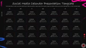 Black Weekly social media content calendar slide with Sunday to Saturday grid and multiple platform time-slot cards.
