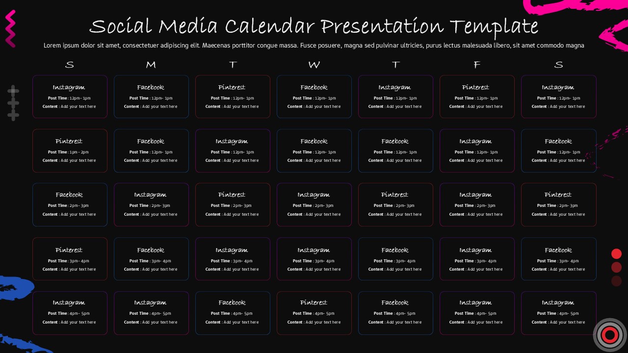 Black Weekly social media content calendar slide with Sunday to Saturday grid and multiple platform time-slot cards.