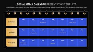 Black Social media weekly calendar slide with Instagram, Facebook, and Story rows in a Monday to Sunday grid layout.