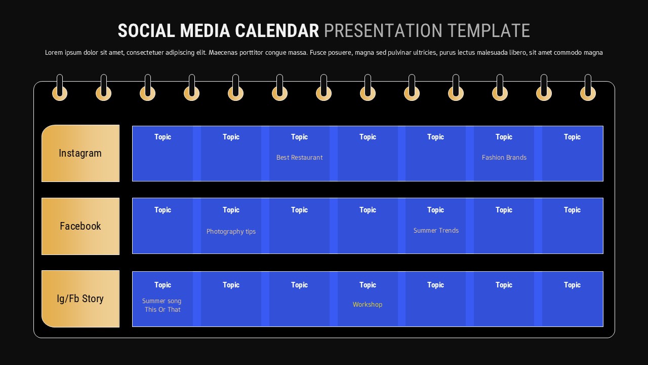 Black Social media weekly calendar slide with Instagram, Facebook, and Story rows in a Monday to Sunday grid layout.