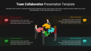Black bg Business team assembling colorful puzzle pieces with four surrounding text panels in a collaboration slide layout.