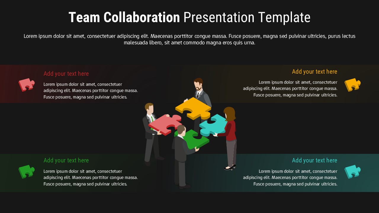Black bg Business team assembling colorful puzzle pieces with four surrounding text panels in a collaboration slide layout.
