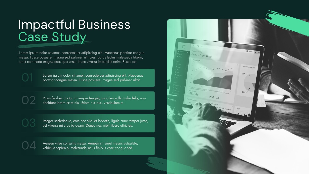 Business case study slide with four numbered text sections and large right-side image on dark green gradient background.