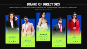 Black Corporate board of directors slide with five vertical profile cards, blue and green gradient panels, executive photos, names, and titles.