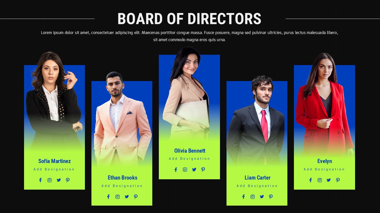 Black Corporate board of directors slide with five vertical profile cards, blue and green gradient panels, executive photos, names, and titles.