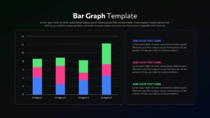 Black Stacked bar graph slide with vertical multi-color bars, gridlines, category labels, and a right-side text panel for insights.