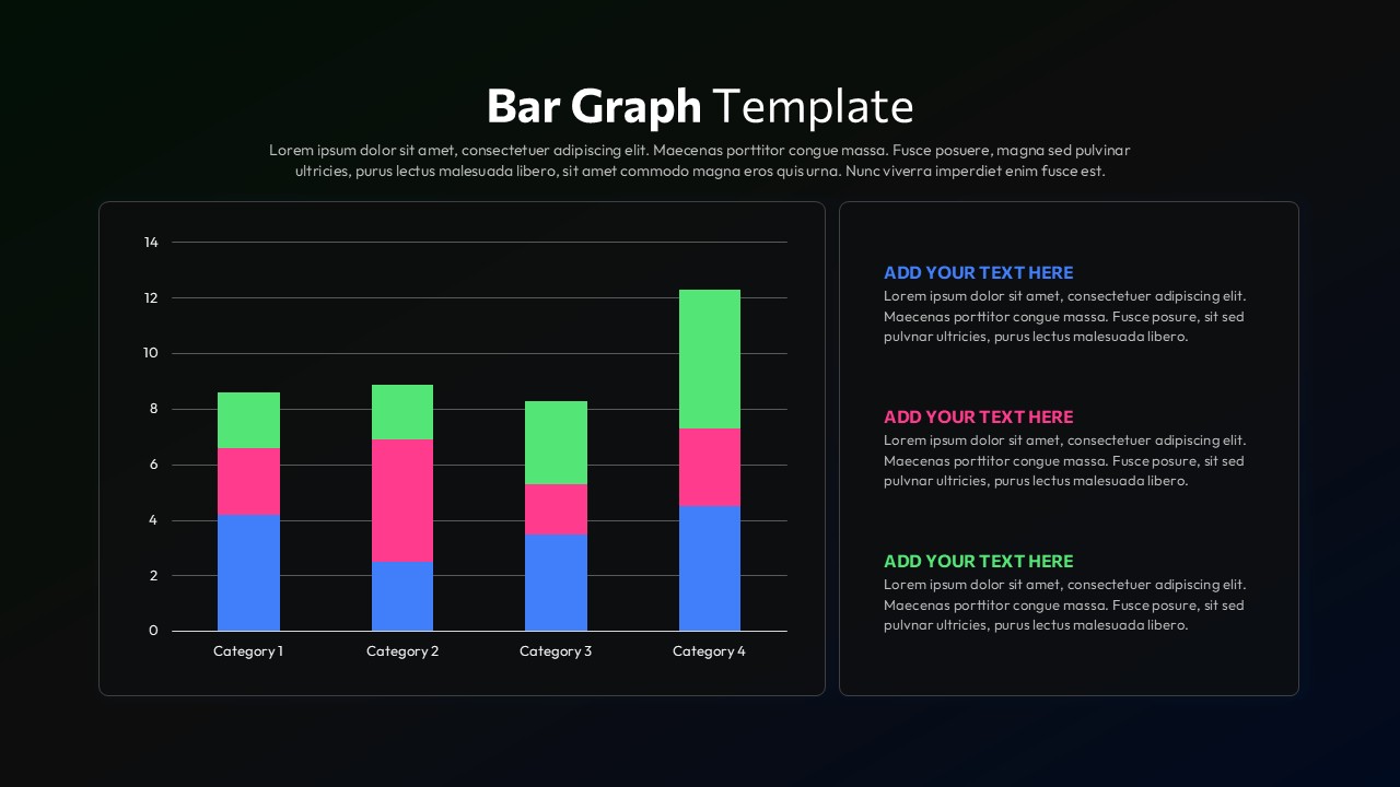 Black Stacked bar graph slide with vertical multi-color bars, gridlines, category labels, and a right-side text panel for insights.