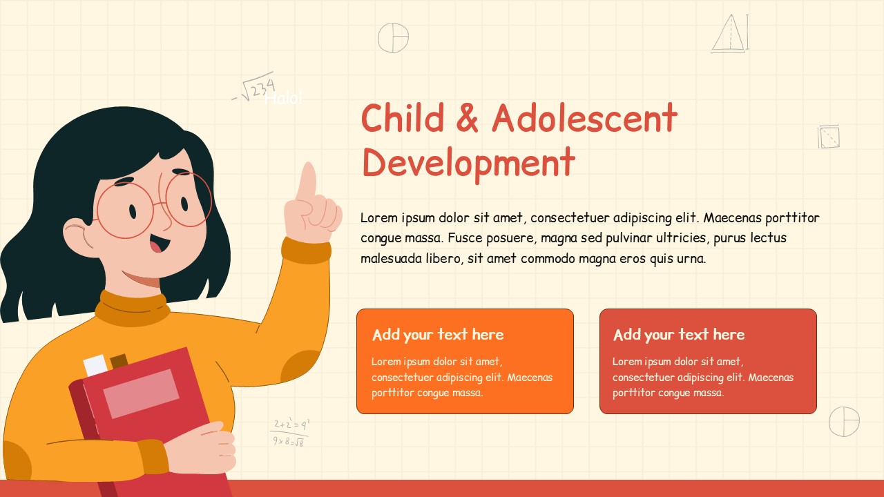 Teacher education presentation template slide on child and adolescent development with illustrated teacher and two content boxes on grid background.