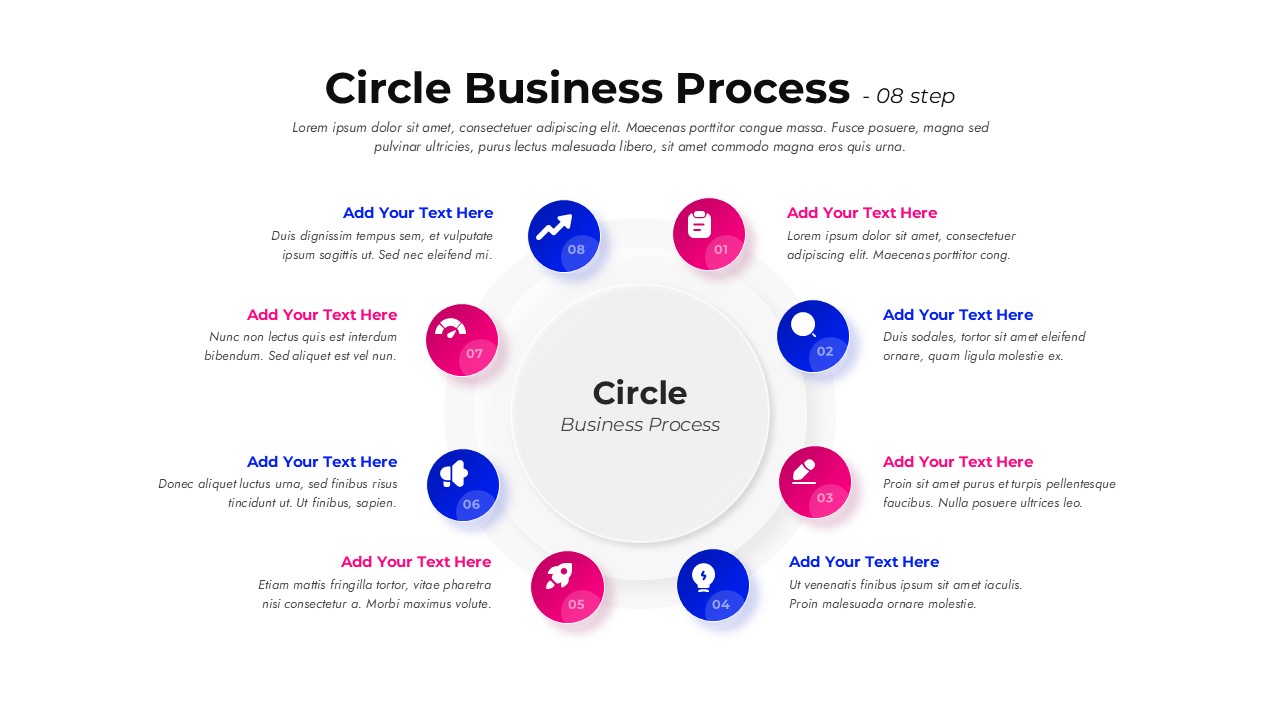 Eight-step circle business process slide with central hub and numbered circular icons arranged around a clean, modern layout.