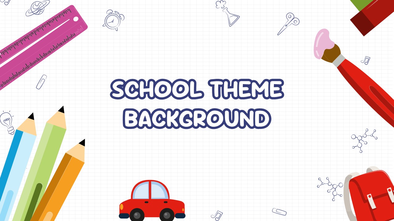 School theme background slide with colorful pencils, ruler, scissors, paintbrush, backpack, and grid paper layout.