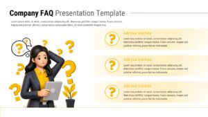 Company FAQ slide with 3D businesswoman illustration and three question text panels in a clean two-column layout.
