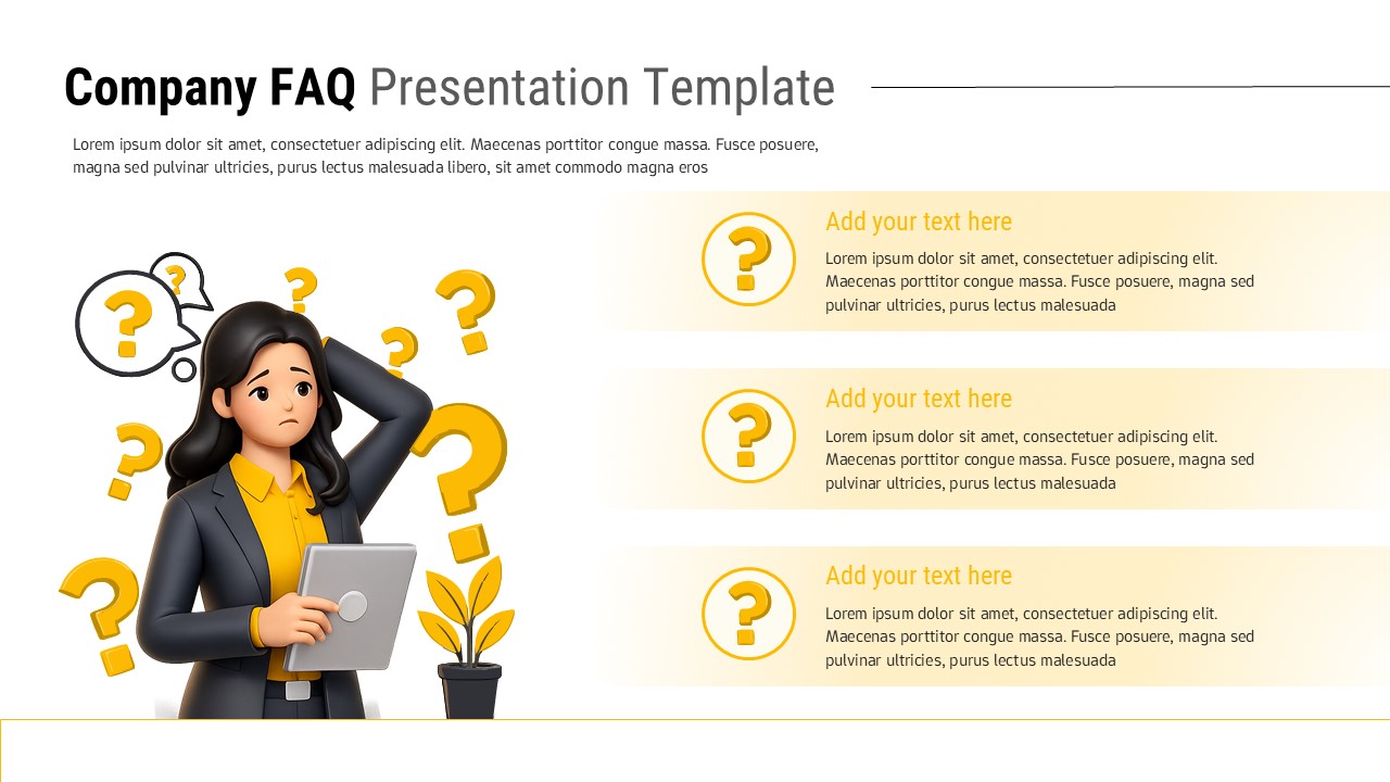 Company FAQ slide with 3D businesswoman illustration and three question text panels in a clean two-column layout.