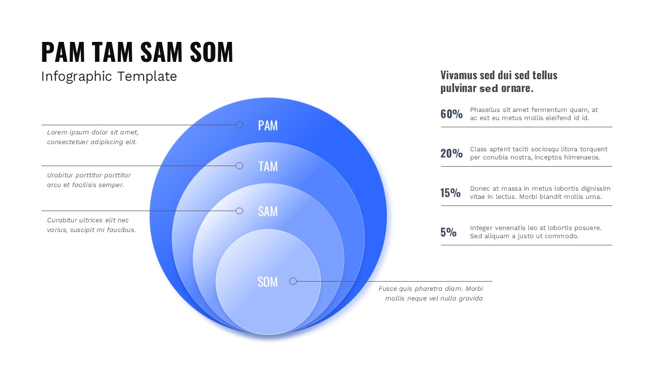 Blue concentric circle infographic labeled PAM, TAM, SAM, SOM with percentage breakdown and side text callouts.