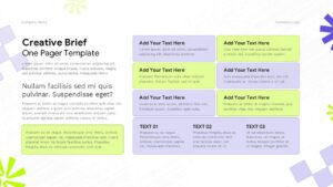 creative brief one-page slide with left text panel and multiple rounded content cards on the right.