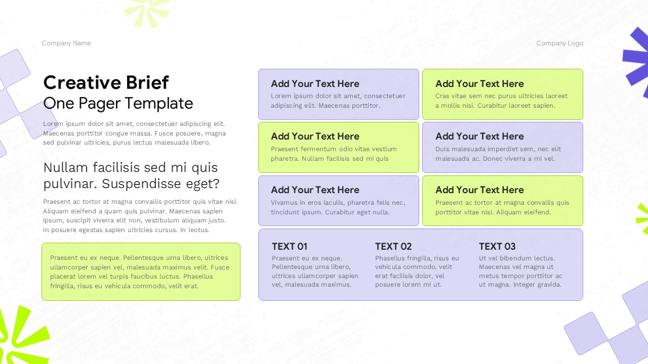 creative brief one-page slide with left text panel and multiple rounded content cards on the right.