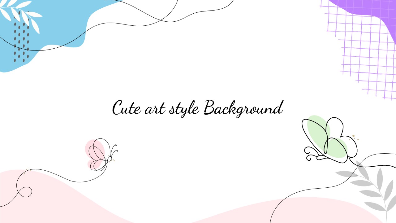 Cute art style slide background with pastel abstract shapes, butterflies, and floral line illustrations framing a central title area.