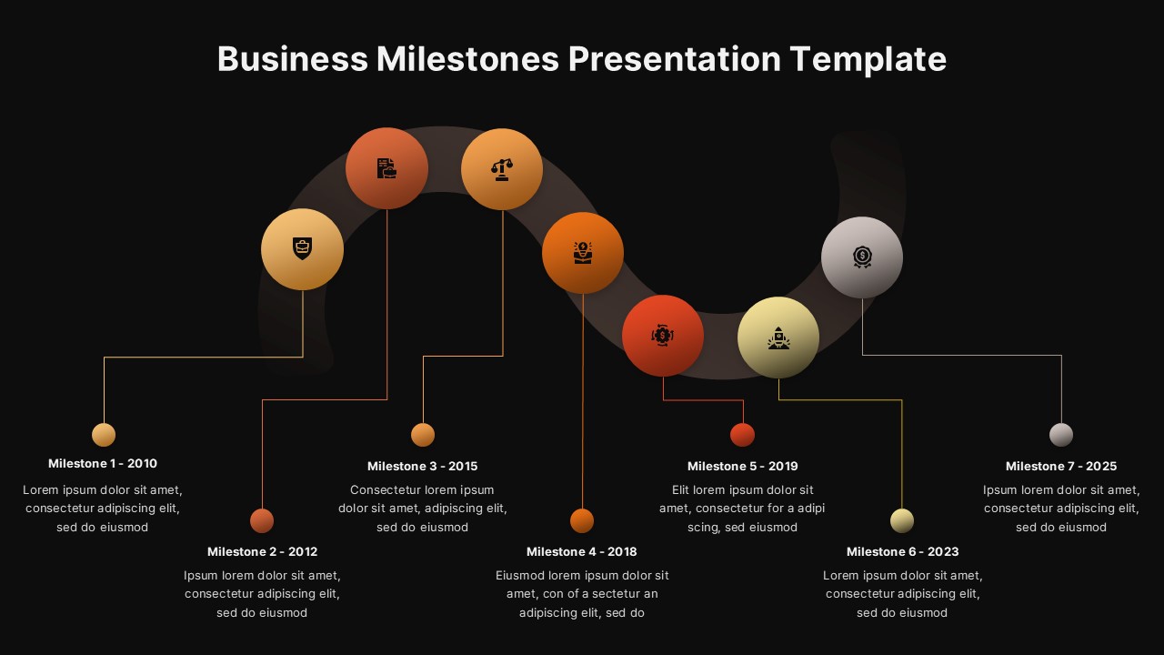 Dark Business Milestones Timeline Template with circles on curved shape ...