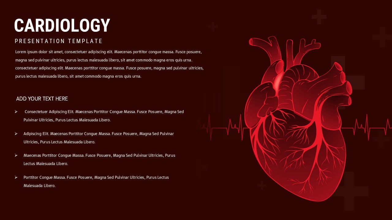 Dark Cardiology presentation slide with large red anatomical heart, ECG line, and left-aligned text layout.