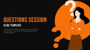 Questions session slide with bold title on left and illustrated woman with large orange question marks on right.