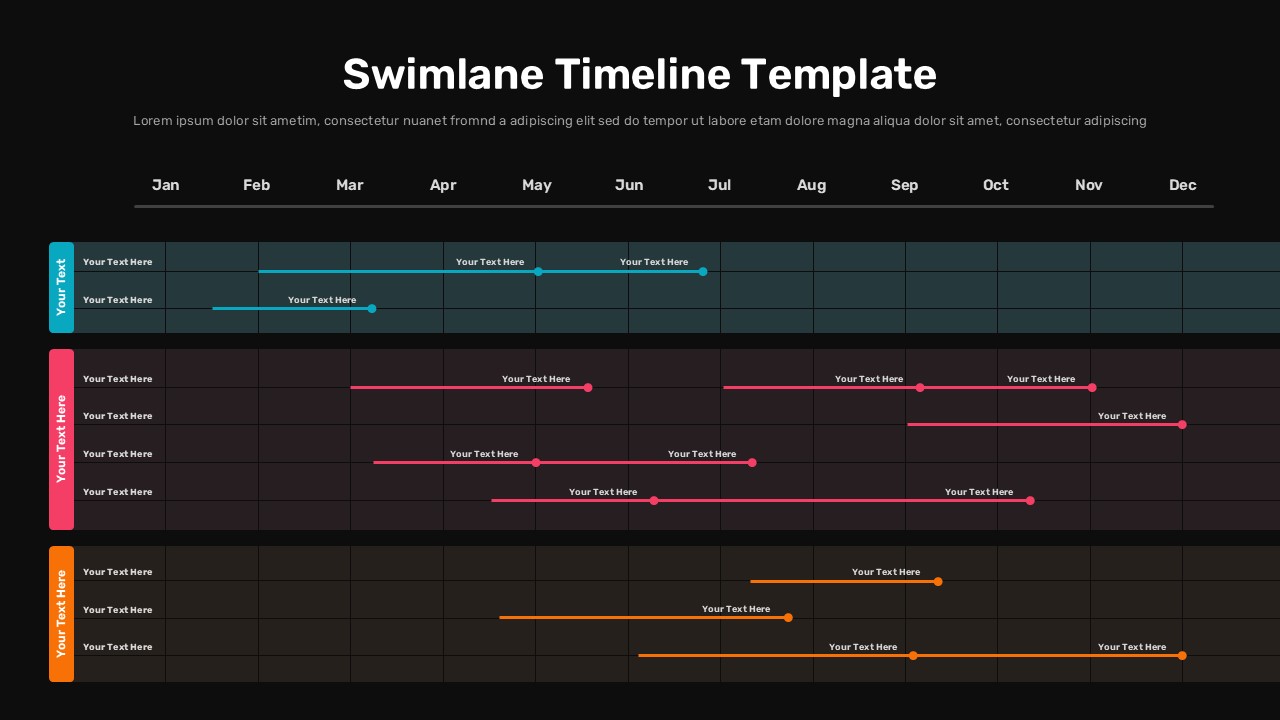 Dark Swimlane Timeline Template with 3 sections - SlidesDepot