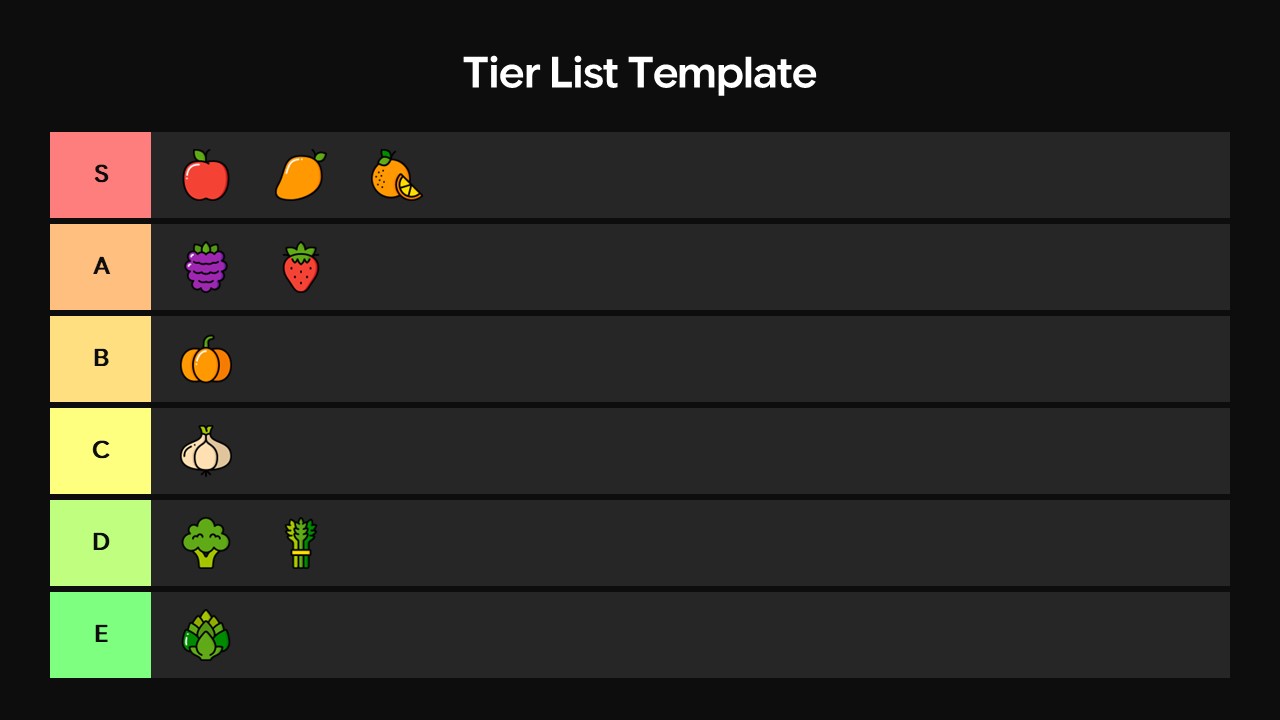 Tier list slide with S to E horizontal colored rows on dark background for ranking items.