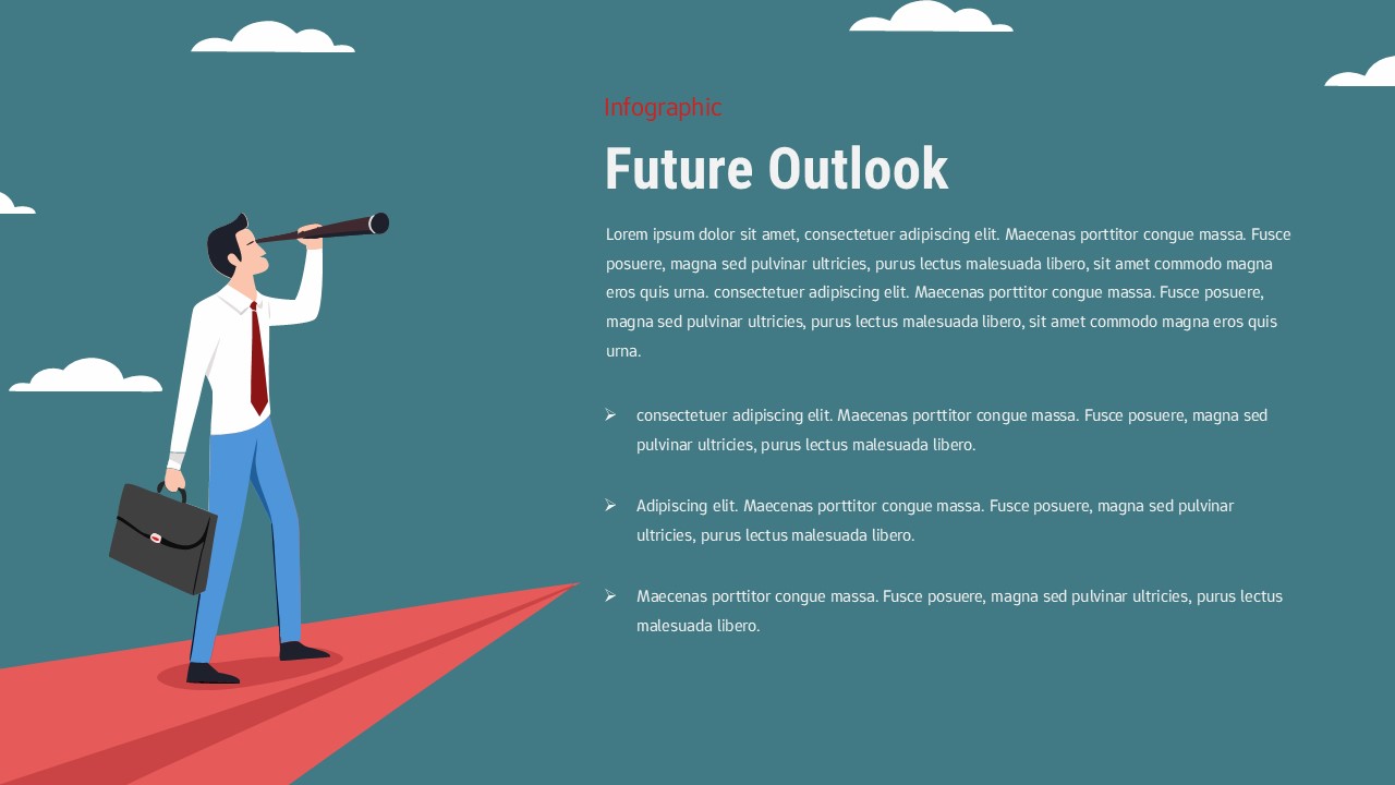 DarkBusiness future outlook slide with man using telescope on red arrow and text area with three bullet points.